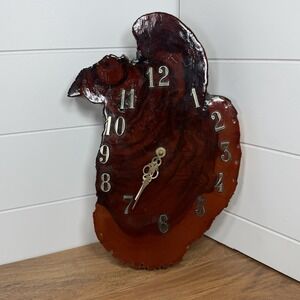 Vtg Retro Handmade Clock 13" Burl Wood Slab Red Lacquer 70s Wall Hanging *Parts*